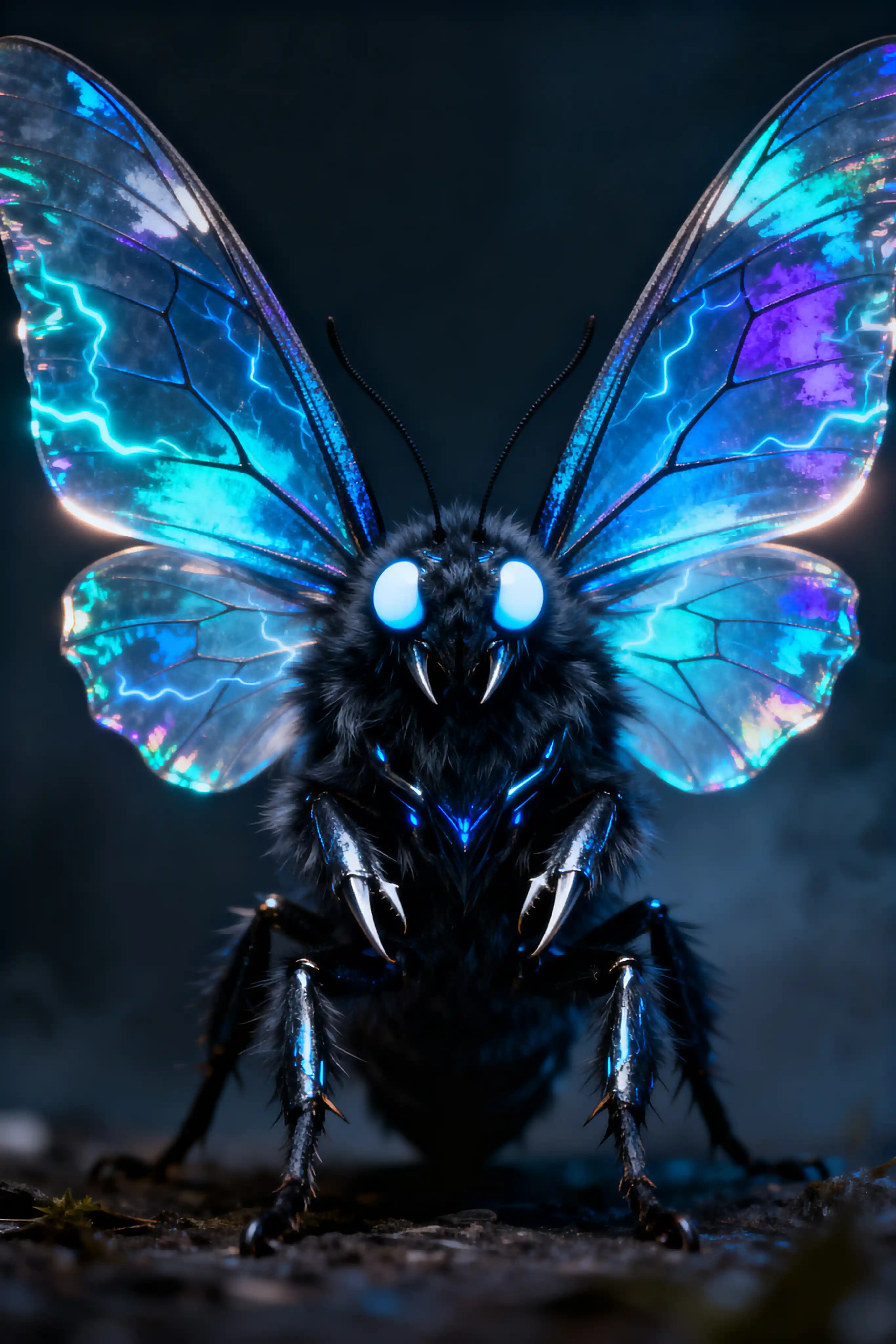 Majestic fantasy moth with glowing iridescent blue wings