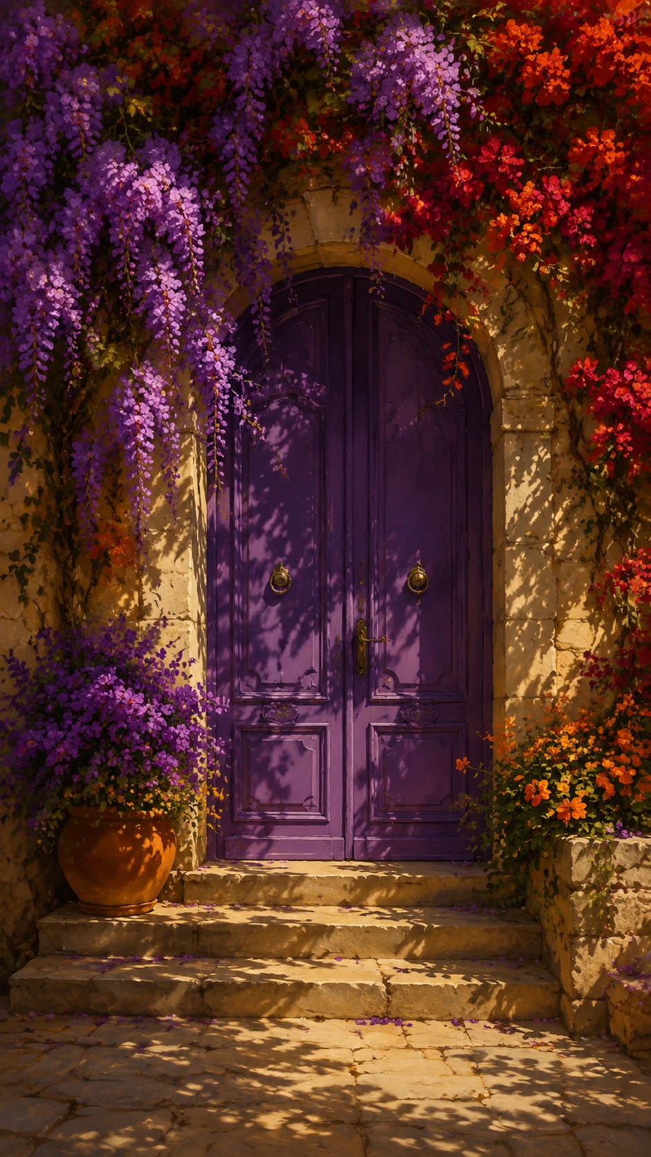 Sunlit purple doorway framed by lush flowering vines