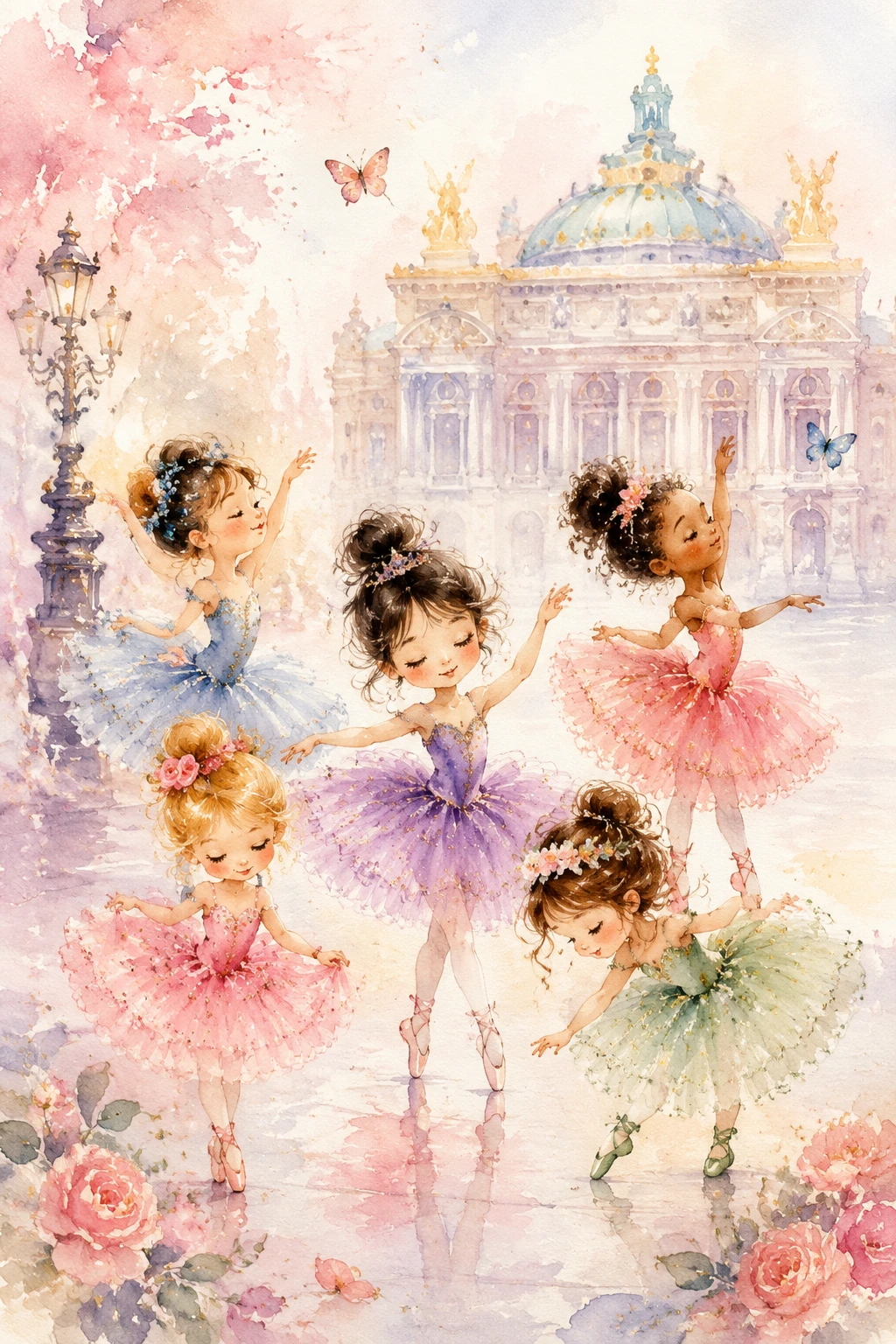 Tiny watercolor ballerinas dancing before a distant opera house