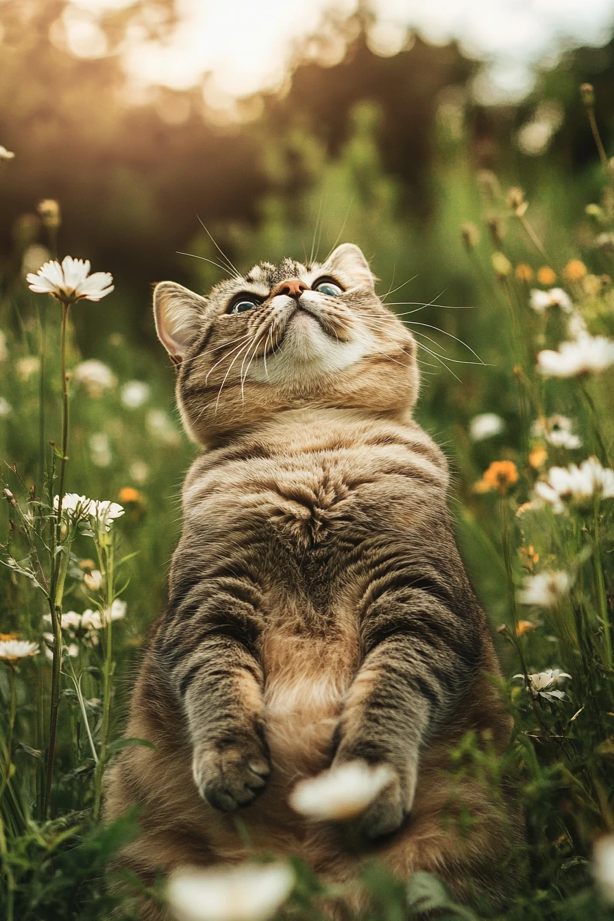Gato gordito estirándose en un colorido campo de flores