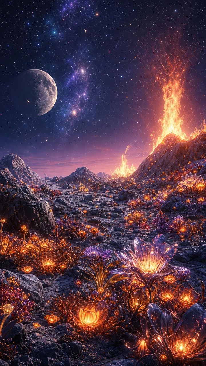 Plantas alienígenas brillantes en un paisaje lunar ardiente