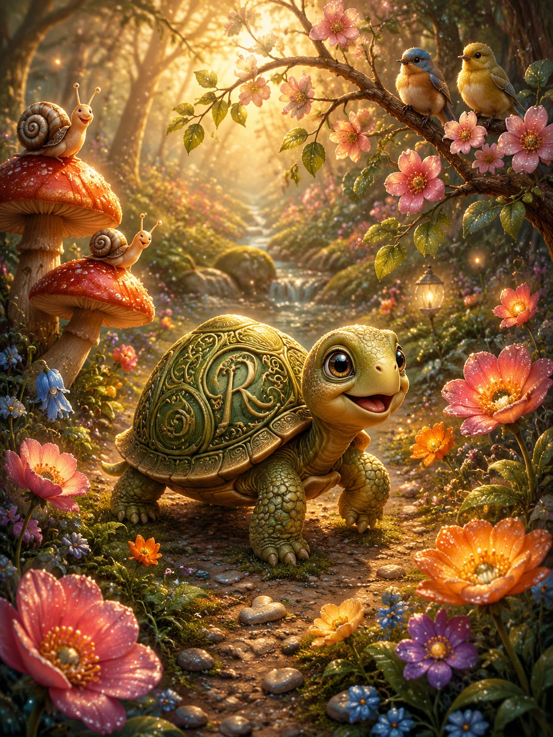 Smiling Baby Turtle Walking Along Enchanted Forest Path