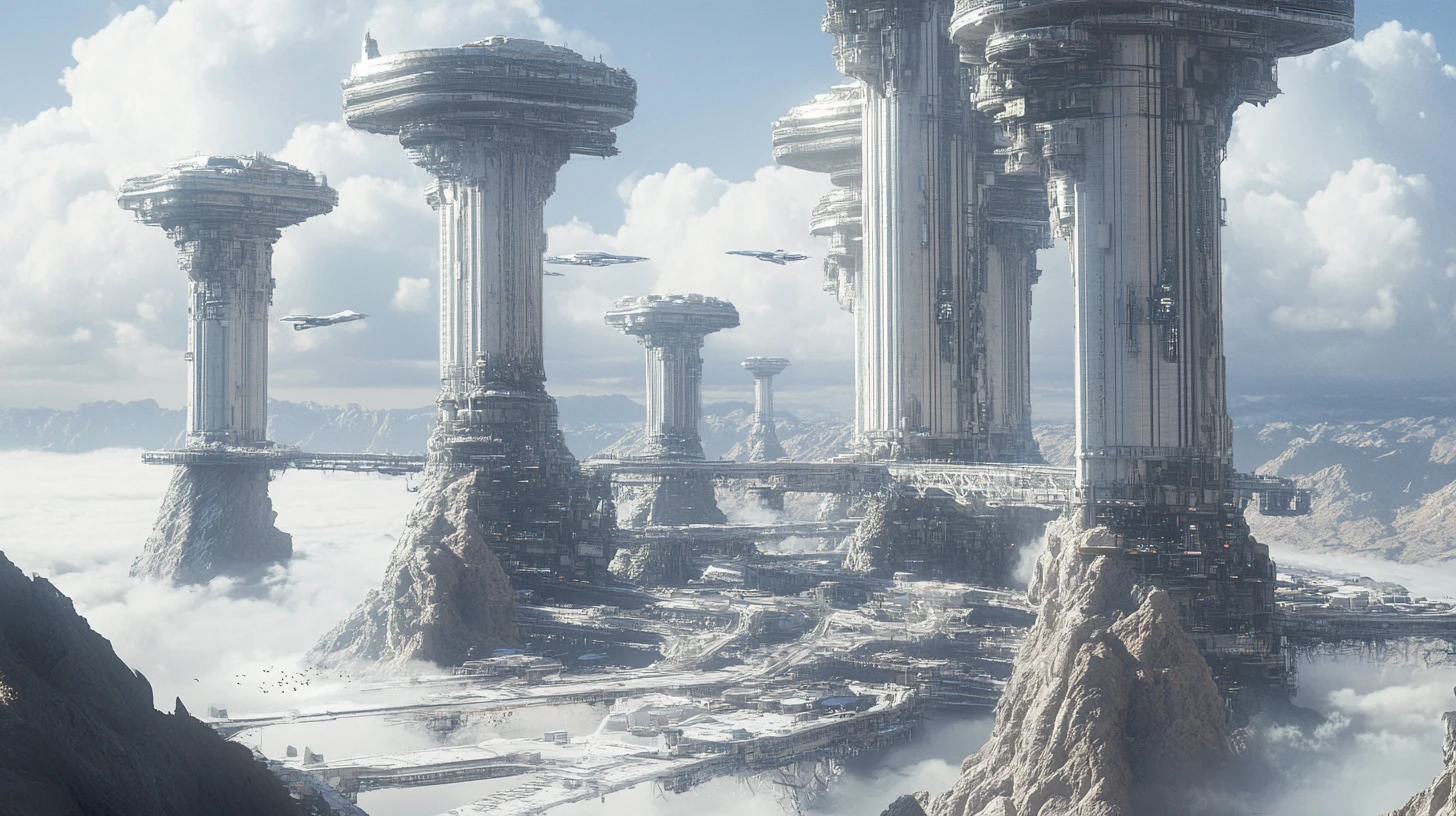 Colossal futuristic cities rising above a toxic desert world