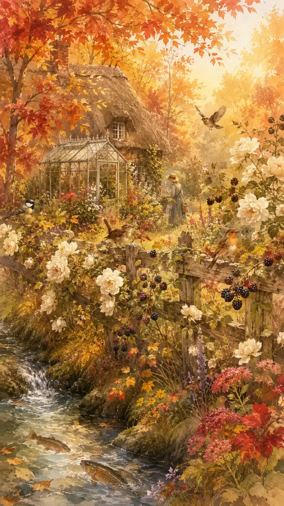 Autumn cottage garden with rustic fence and stream