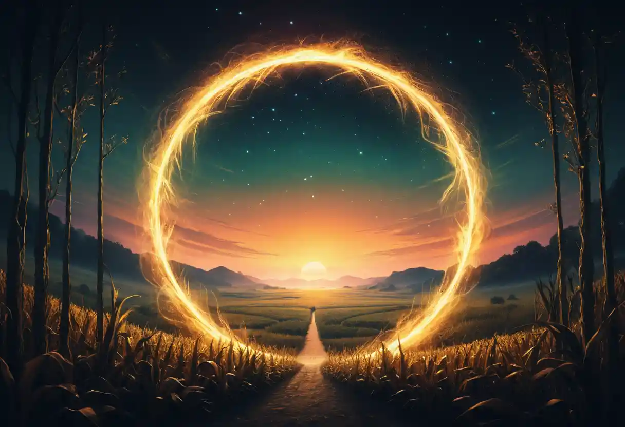 Mystical corn circle in soft golden dawn light