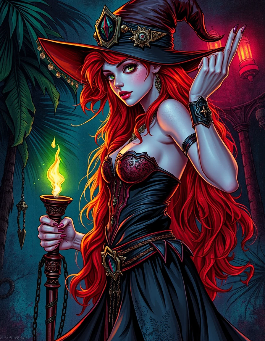 Red haired sorceress in dark tropical fantasy illusion