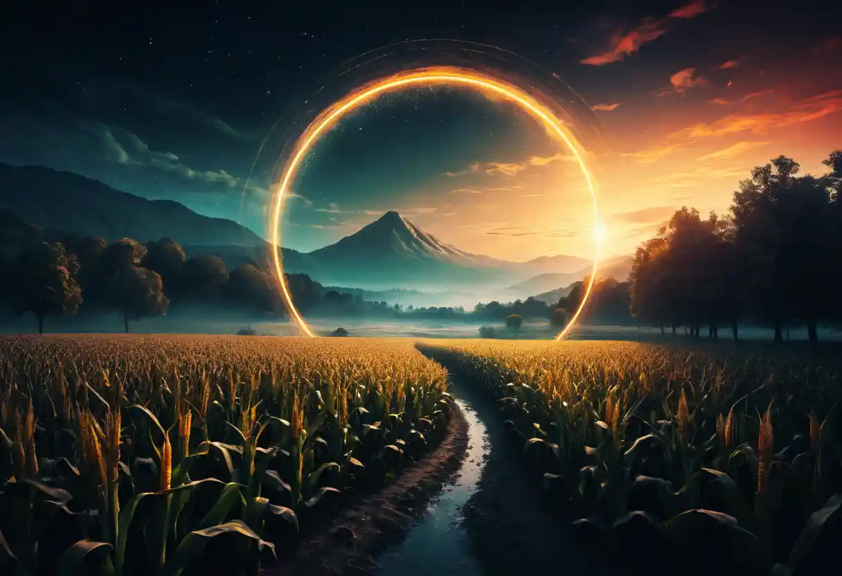 Mystical corn circle glowing in soft golden dawn light