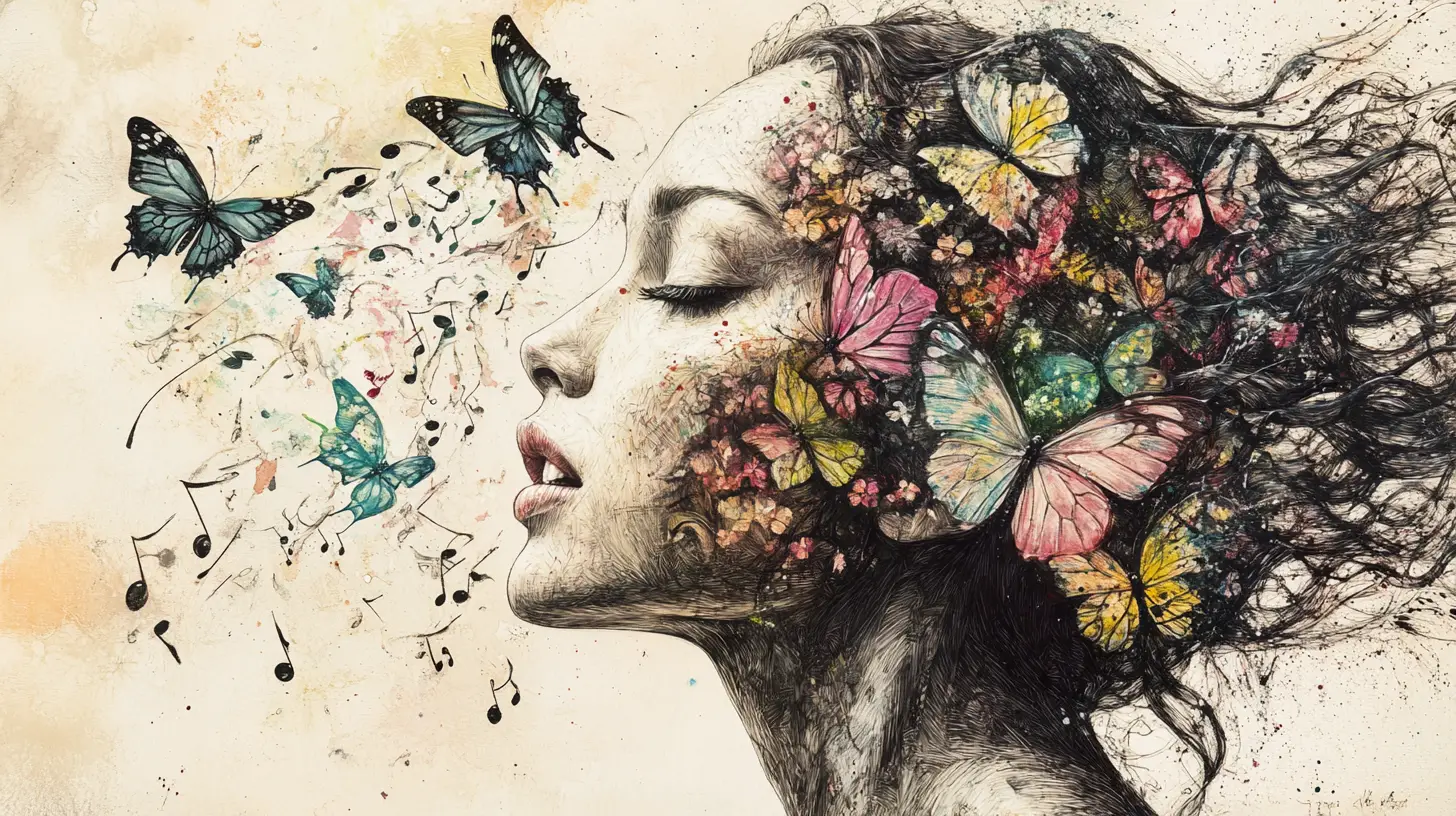 Dreamlike girl profile with butterflies made of stained glass