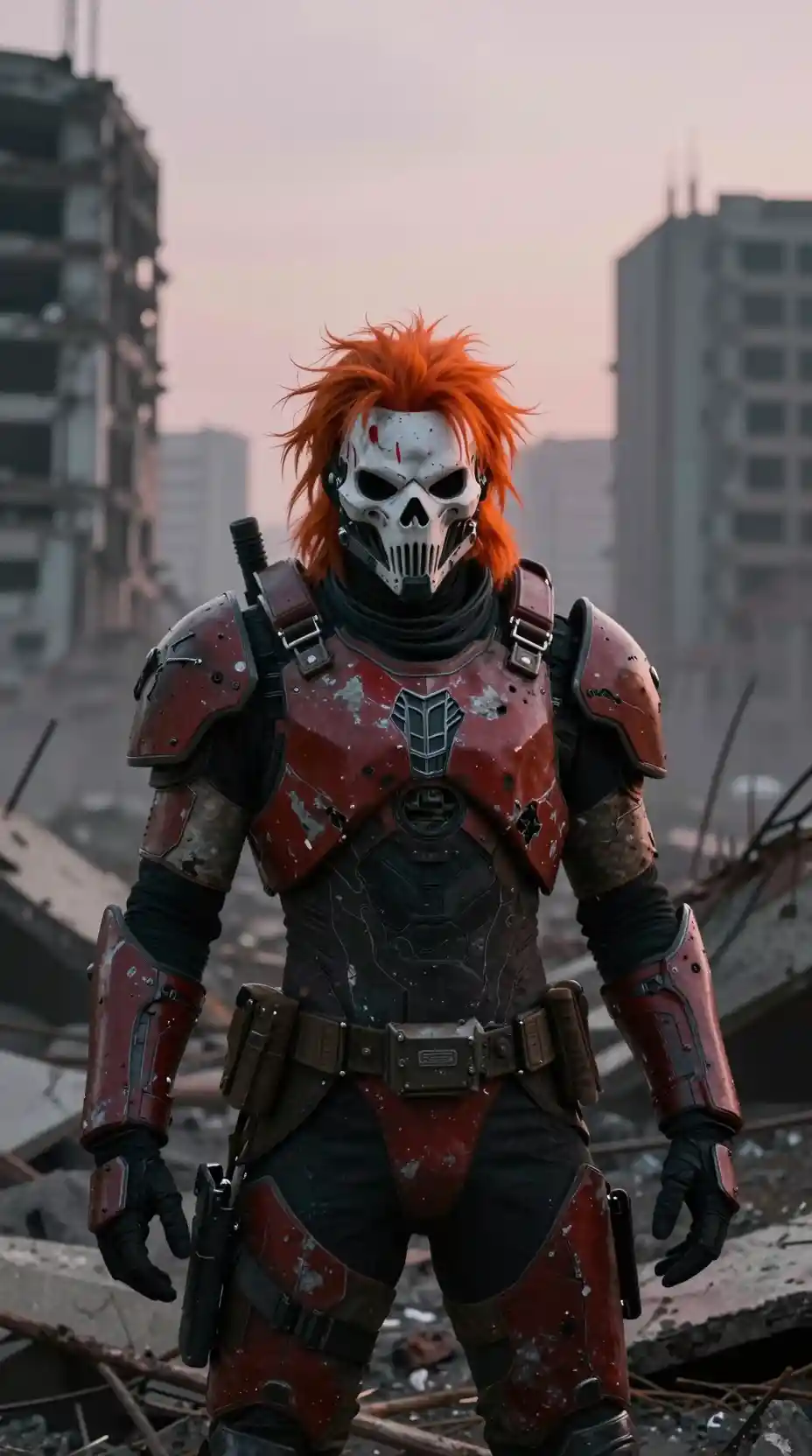 Masked mercenary in ruined futuristic city at dusk