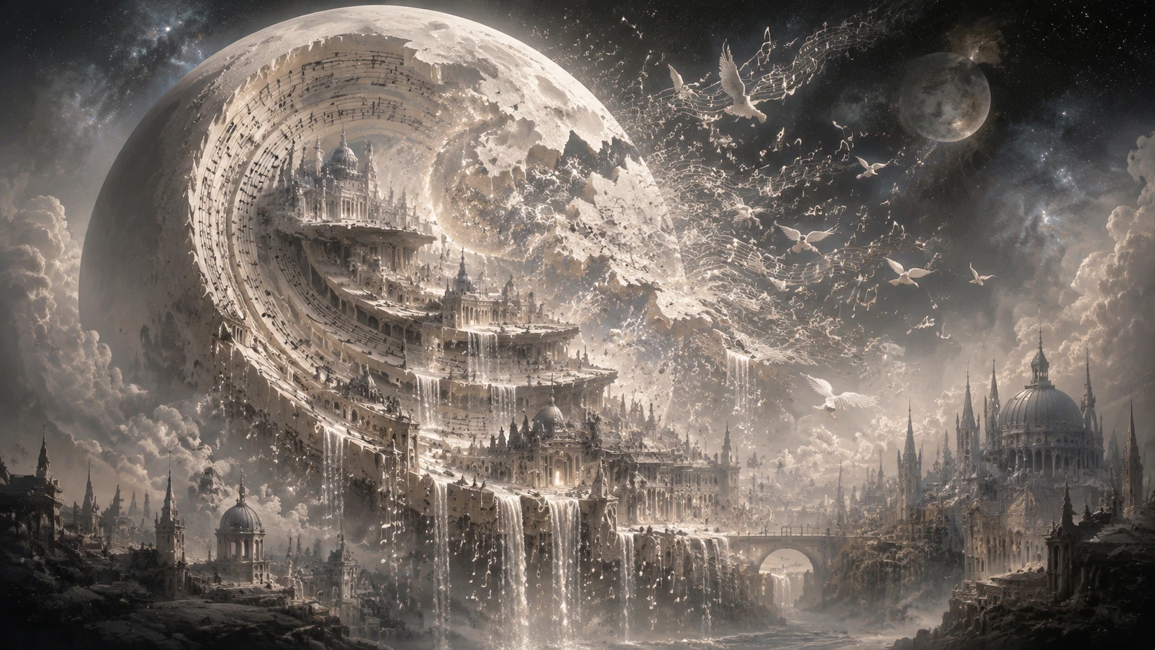 Surreal Moon Opening Into Floating Cities And Music