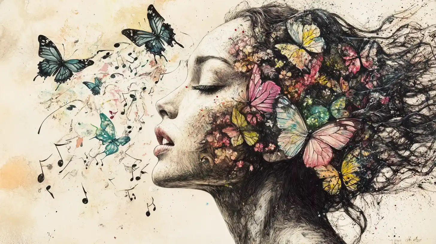 Dreamlike girl profile with butterflies made of stained glass