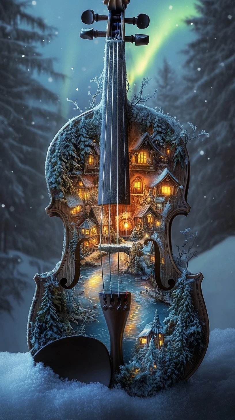 Weathered Violin Revealing Snowy Forest Under Aurora Skies