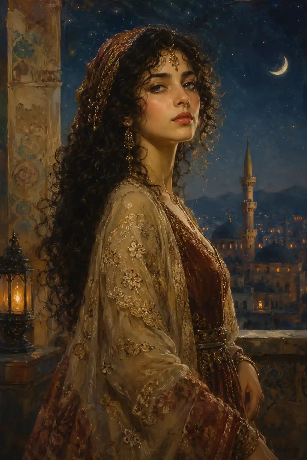 Majestic woman in lace gown under a starry night sky