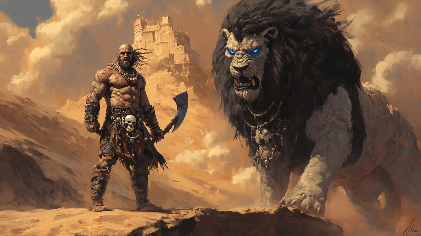 Barbarian And Armored Lion Facing A Menacing Desert Djinn