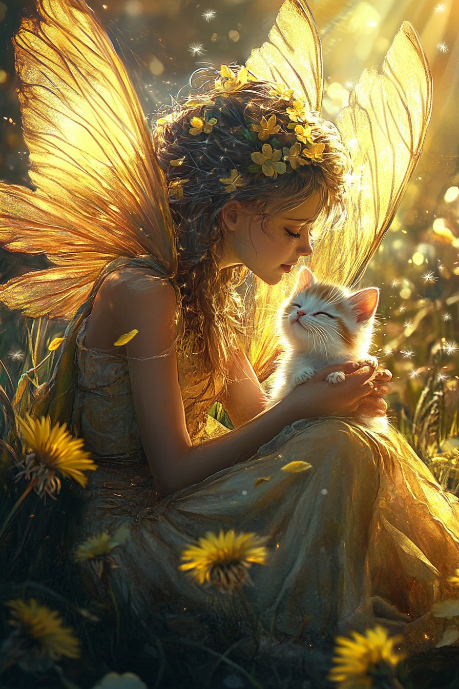 Gentle fairy holding kitten under a glowing dandelion