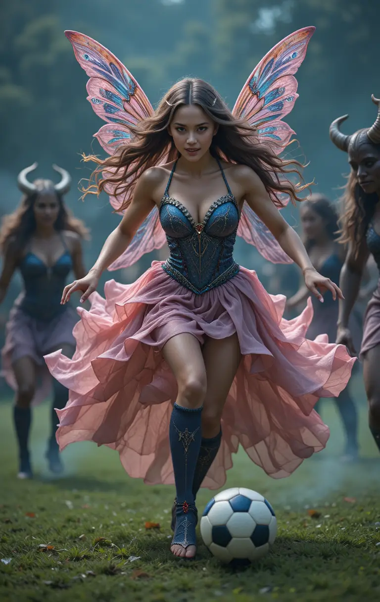 Fairy Princess Playing Soccer Against Mythical Minotaur Team