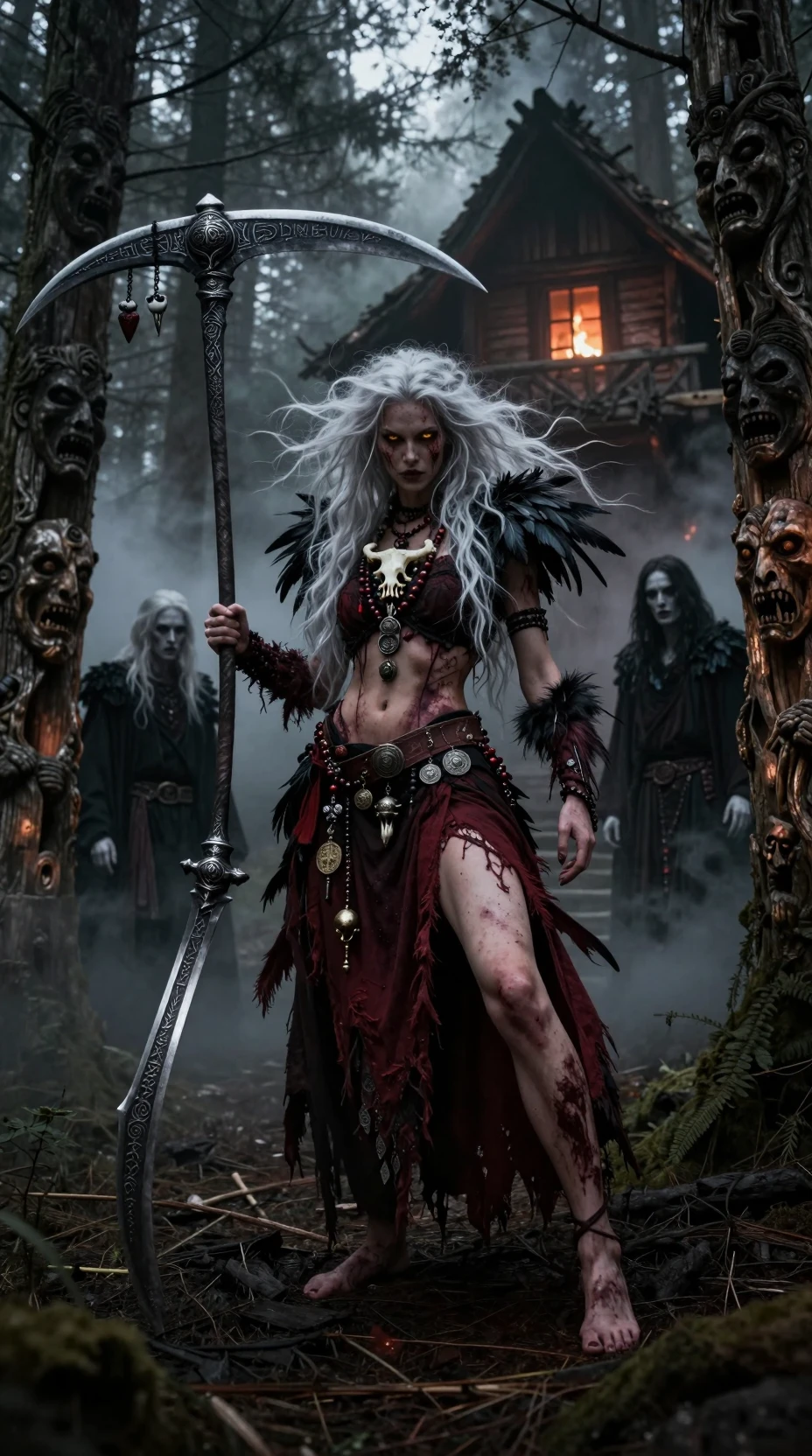 Mystical warrior woman in a dark pine forest