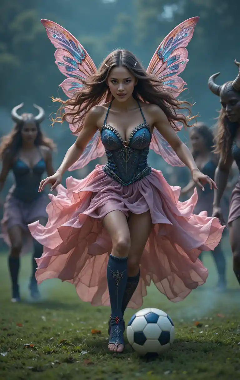 Fairy Princess Playing Soccer Against Mythical Minotaur Team