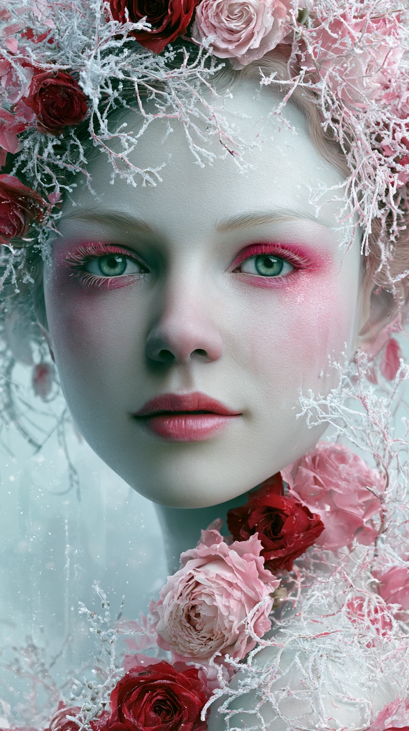 Ethereal woman with green eyes amid frosty roses