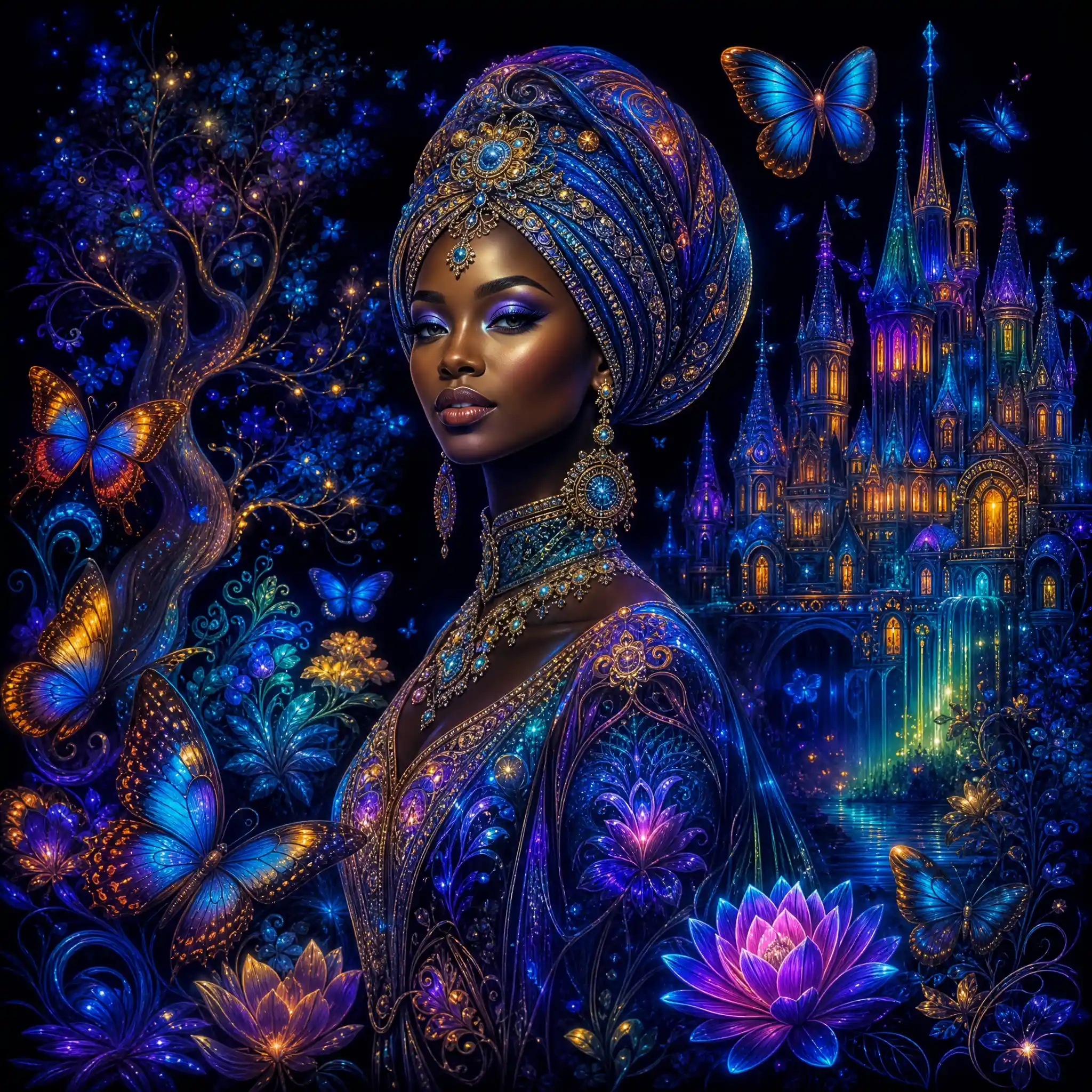 African woman in ornate turban amid glowing fairytale castles