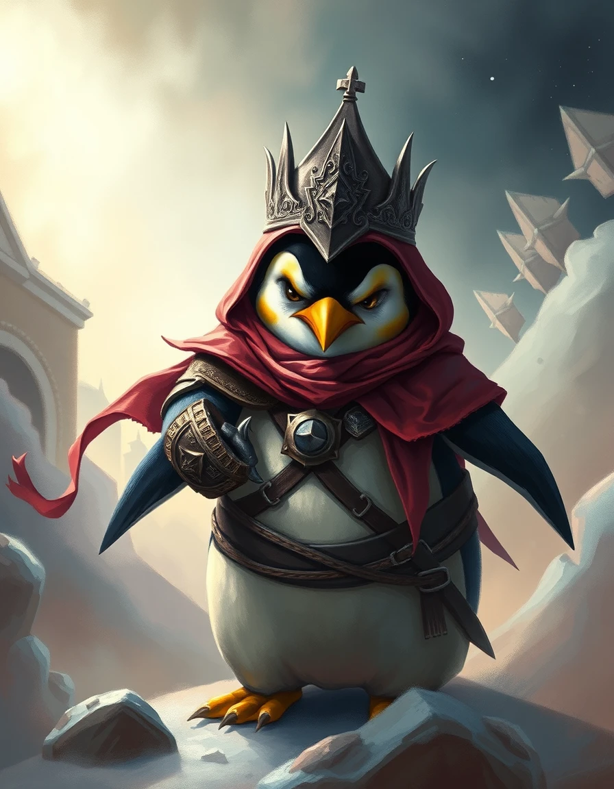 Angry penguin dressed as a medieval warrior maiden