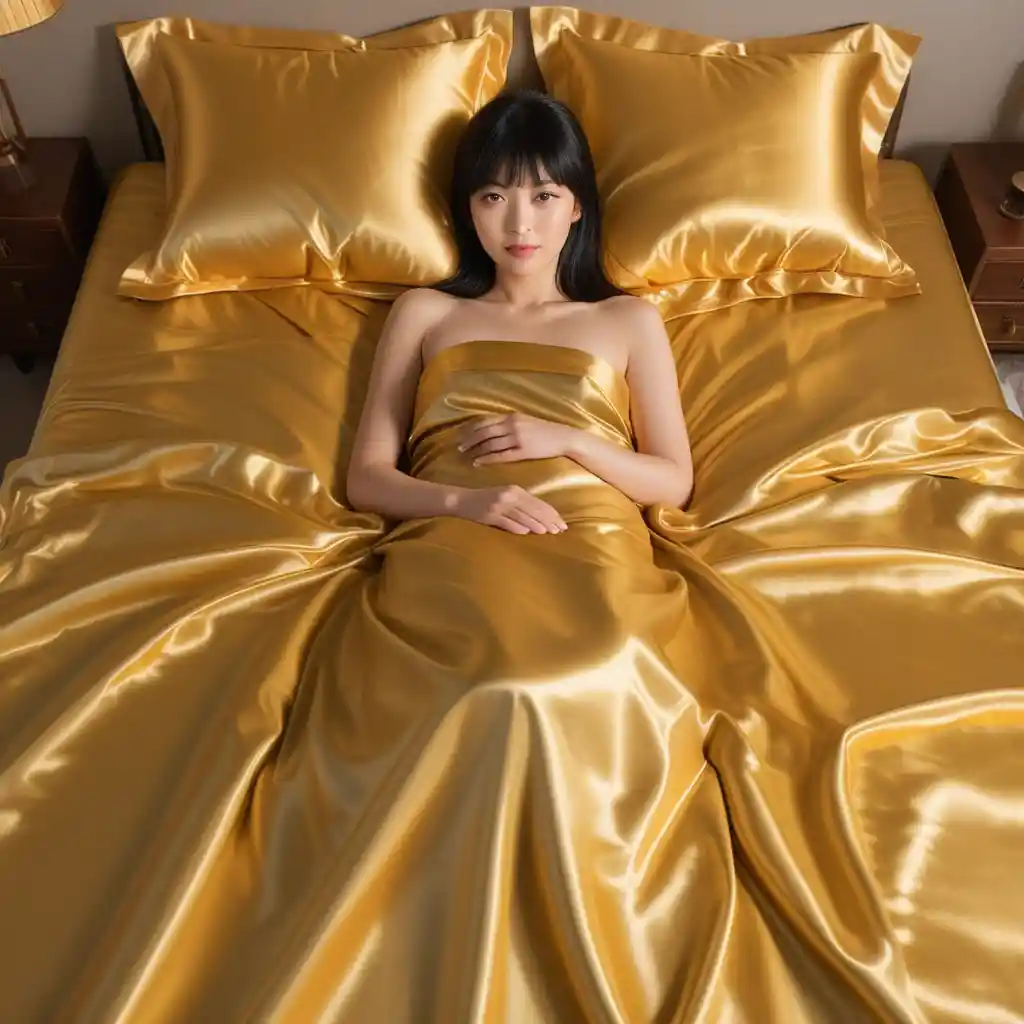 Beautiful Japanese woman lying on luxurious satin bed