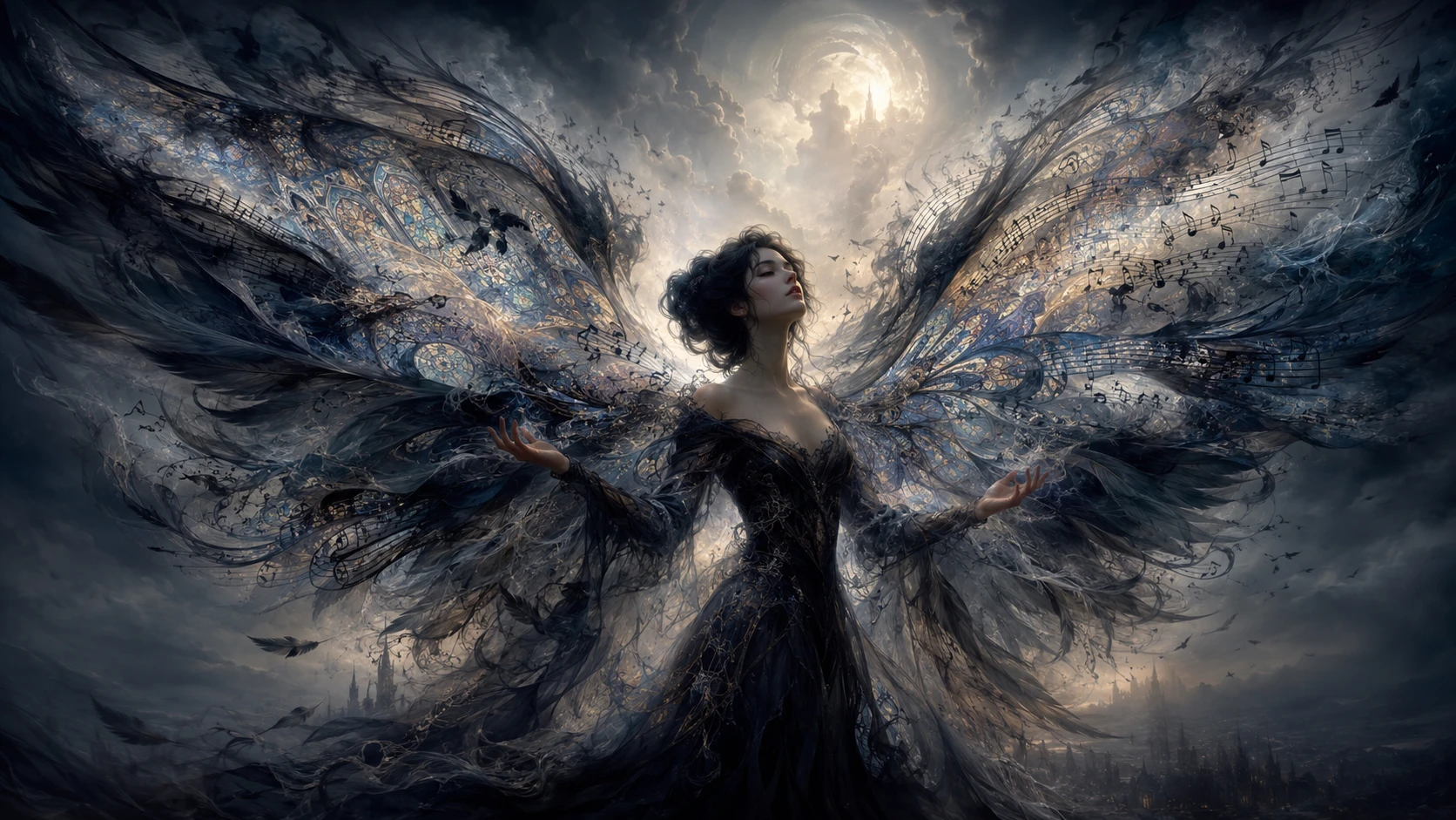 Woman with shifting cathedral wings in surreal moonlit space