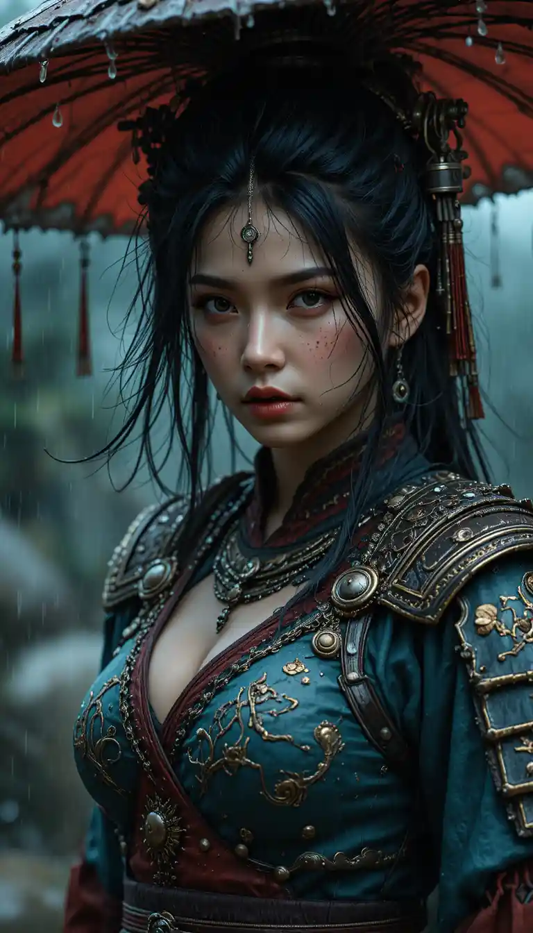 Fierce female warrior in rain with ornate samurai armor