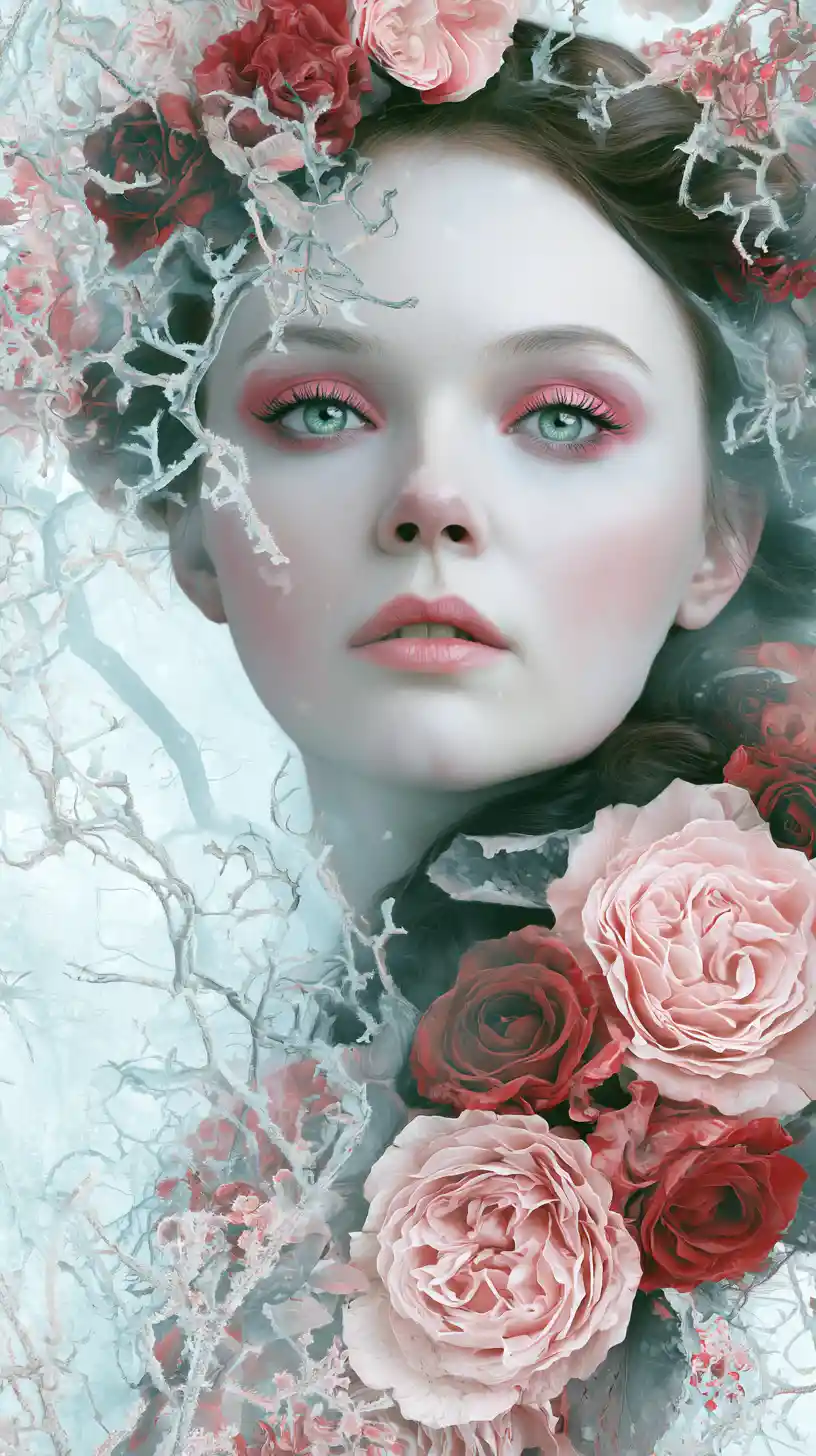 Ethereal woman portrait with roses in a frosty dreamscape