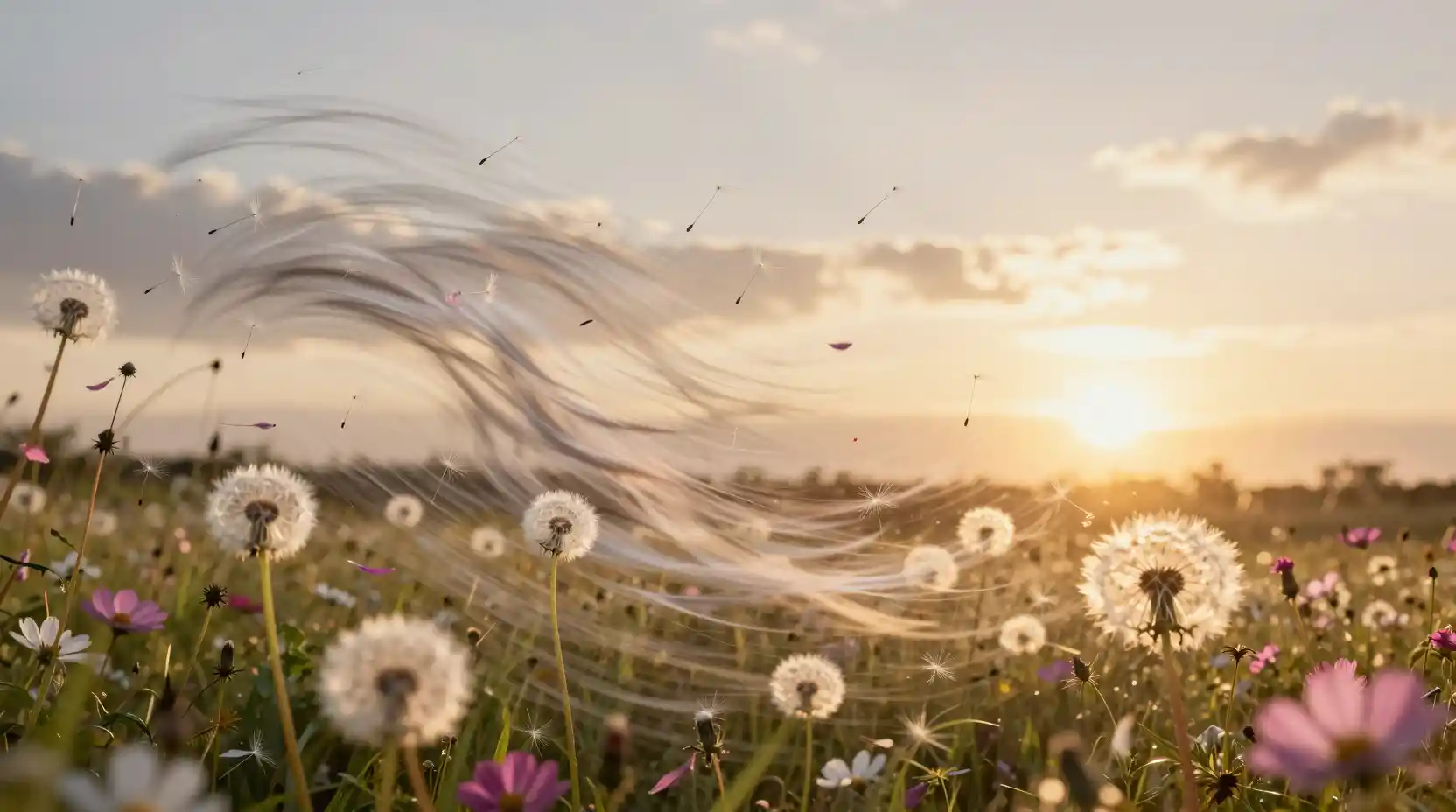 Wind swept dandelion seeds over a glowing flower meadow