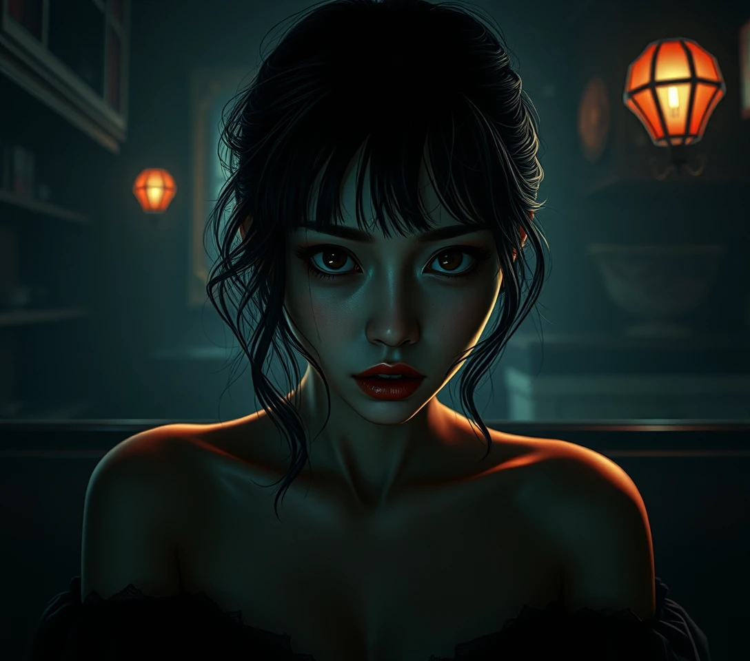Mujer sensual en una escena surrealista de café de fantasía oscura