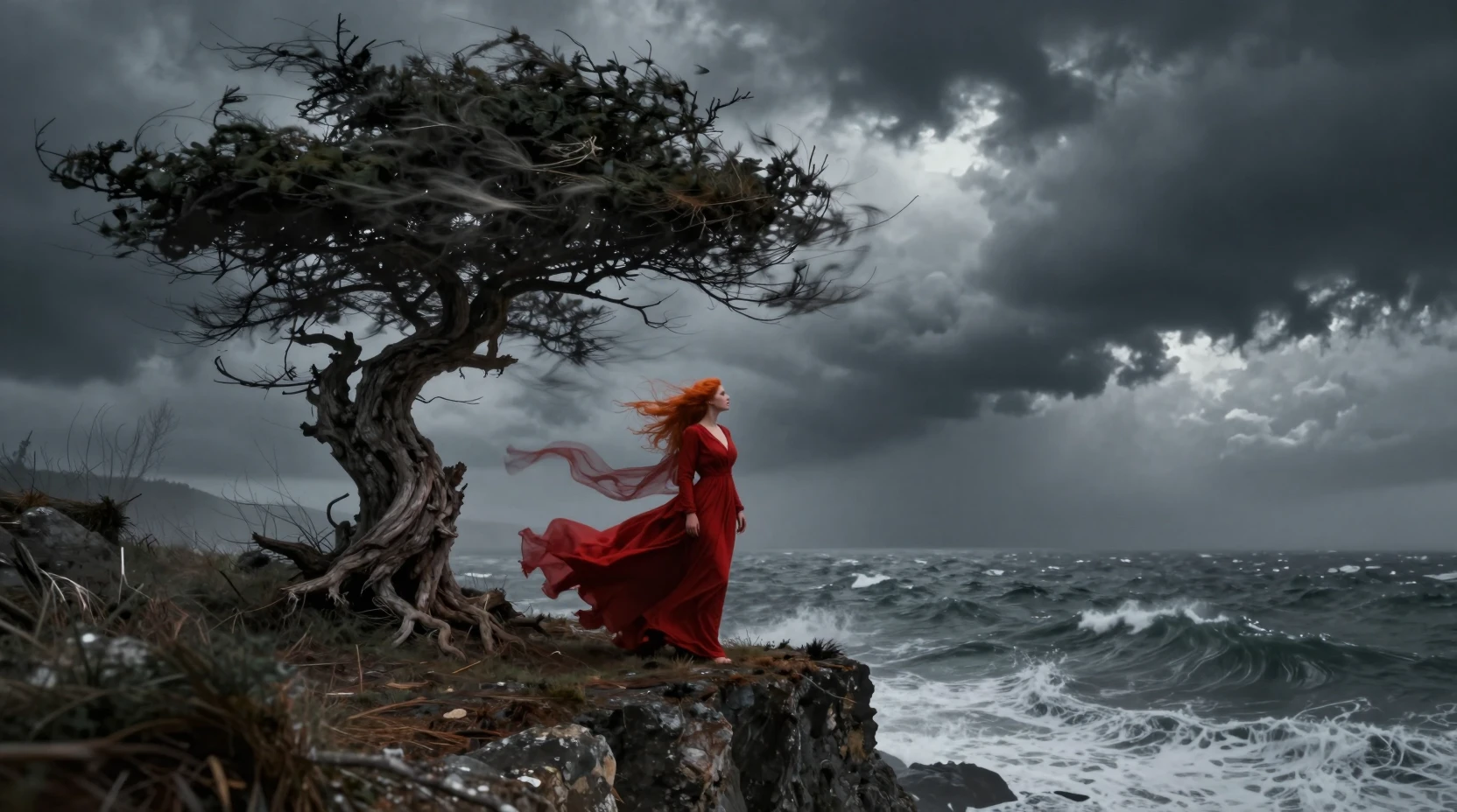 Woman in red dress facing storm on coastal cliff
