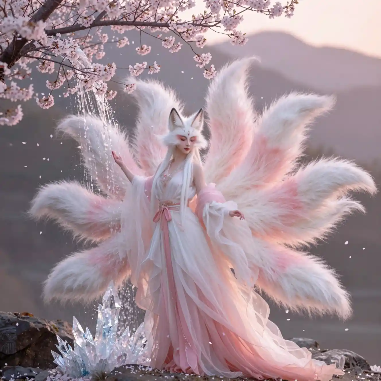 Mystical nine tailed fox deity in cherry blossom waterfall