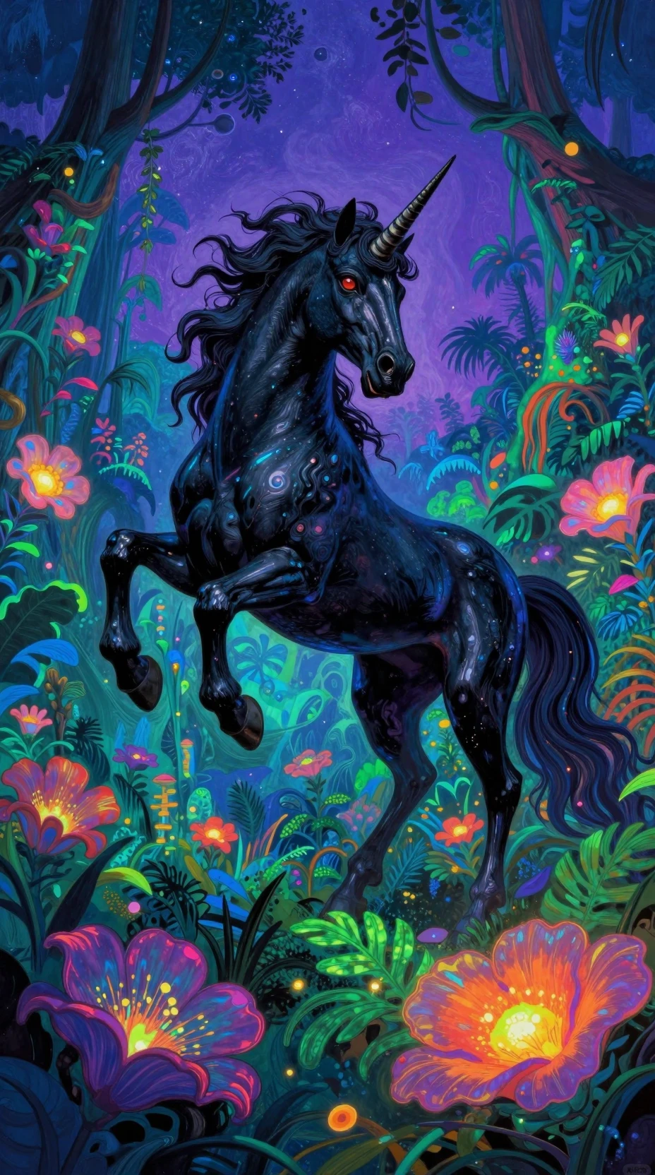 Black unicorn in a glowing psychedelic jungle dreamscape
