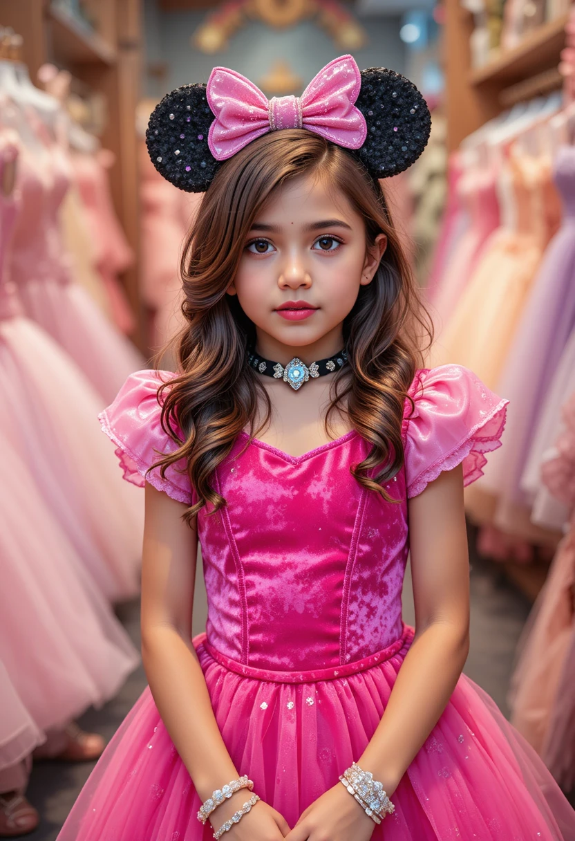 Embarrassed boy in pink Minnie dress at Disneyland shop