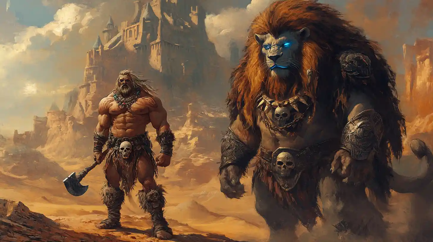 Barbarian Warrior And Armored Lion On Desert Cliff