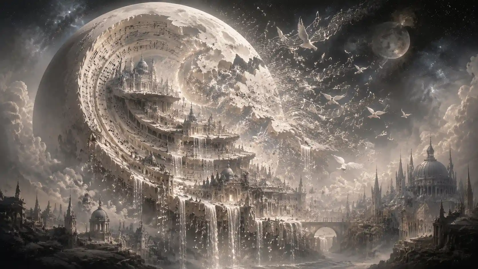 Surreal Moon Opening Into Floating Cities And Music