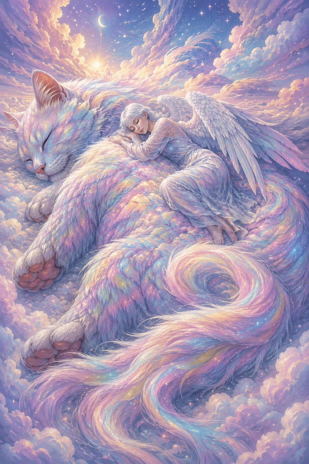 Peaceful angel resting on a colossal sleeping cat