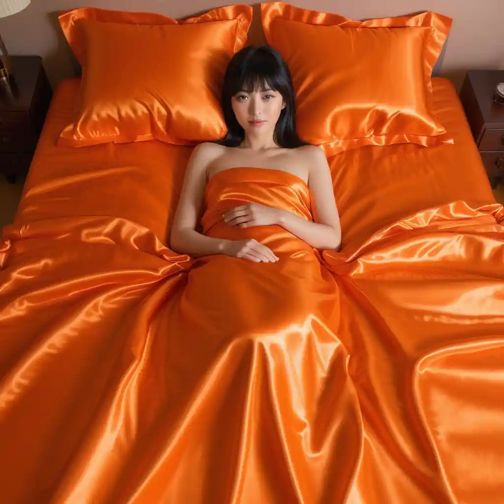 Japanese woman resting on bright orange satin bed