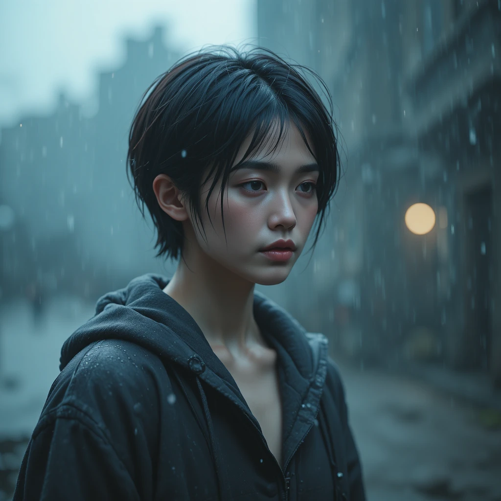 Woman quietly lip syncing to a sad song in rainlit room