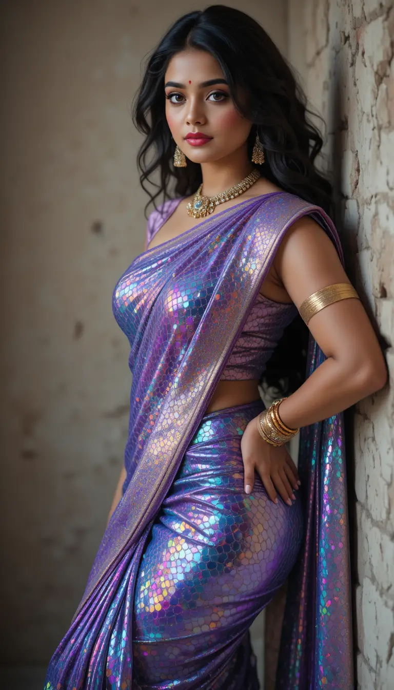 Donna tamil in sari a specchio lucido appoggiata al muro