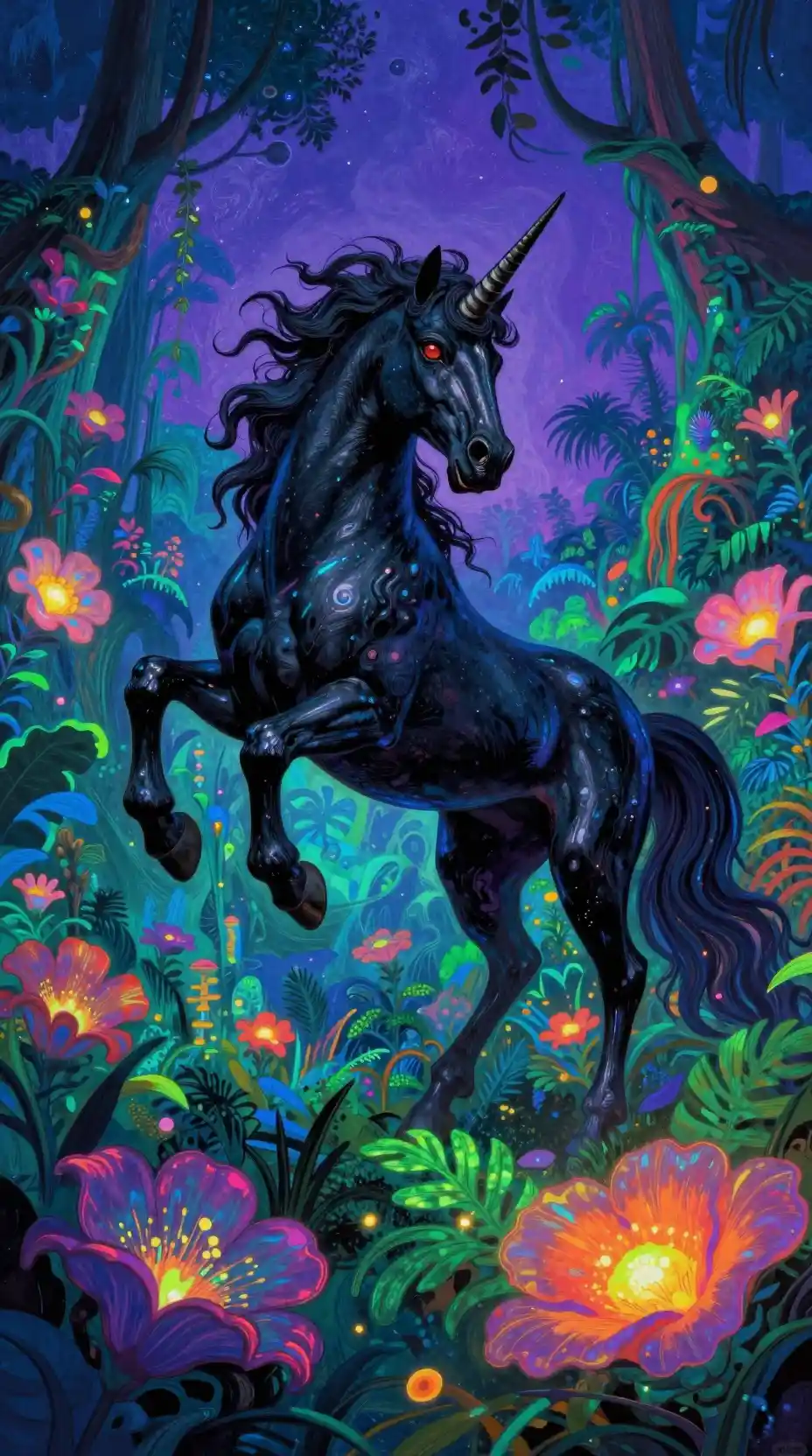 Black unicorn in a glowing psychedelic jungle dreamscape