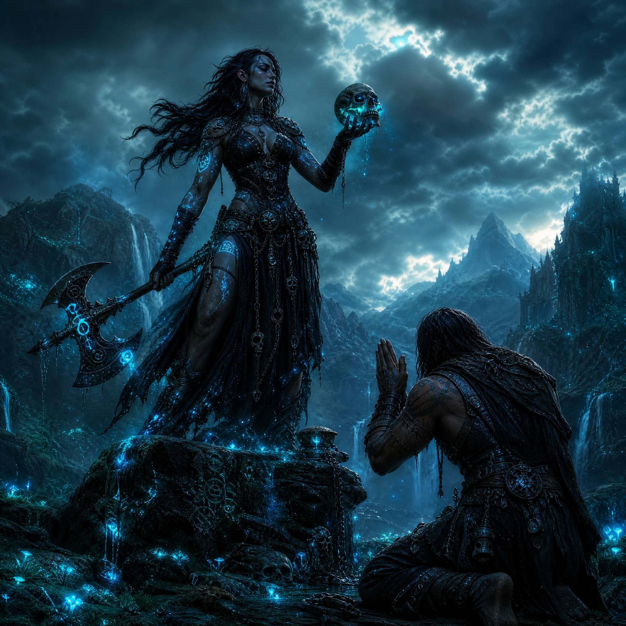 Warrior woman with axe above kneeling man on cliffs