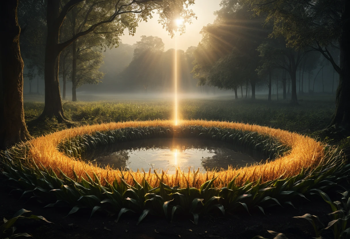 Mystical corn circle glowing in soft golden dawn light