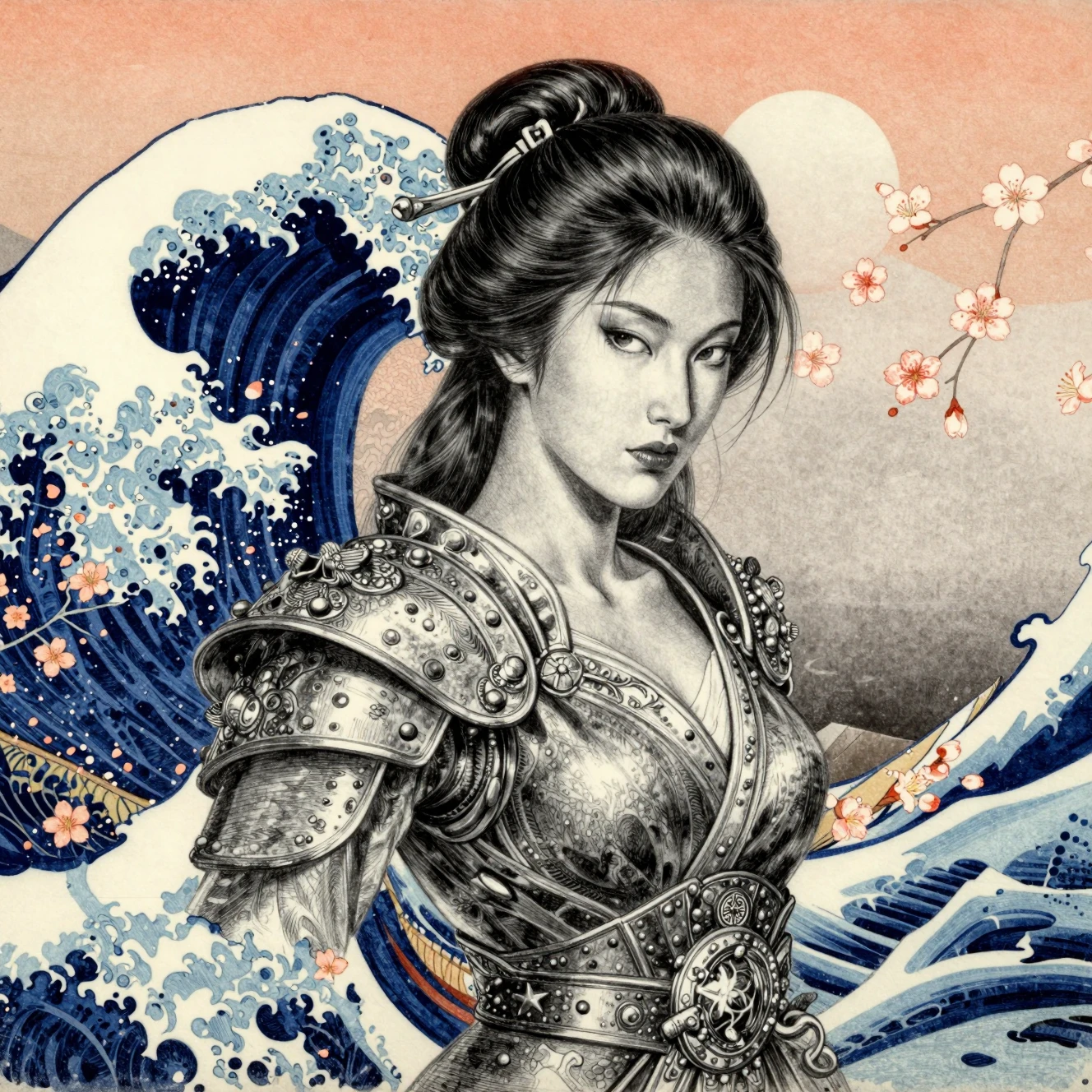 Retrato de guerrera valquiria fusionado con arte de olas japonés