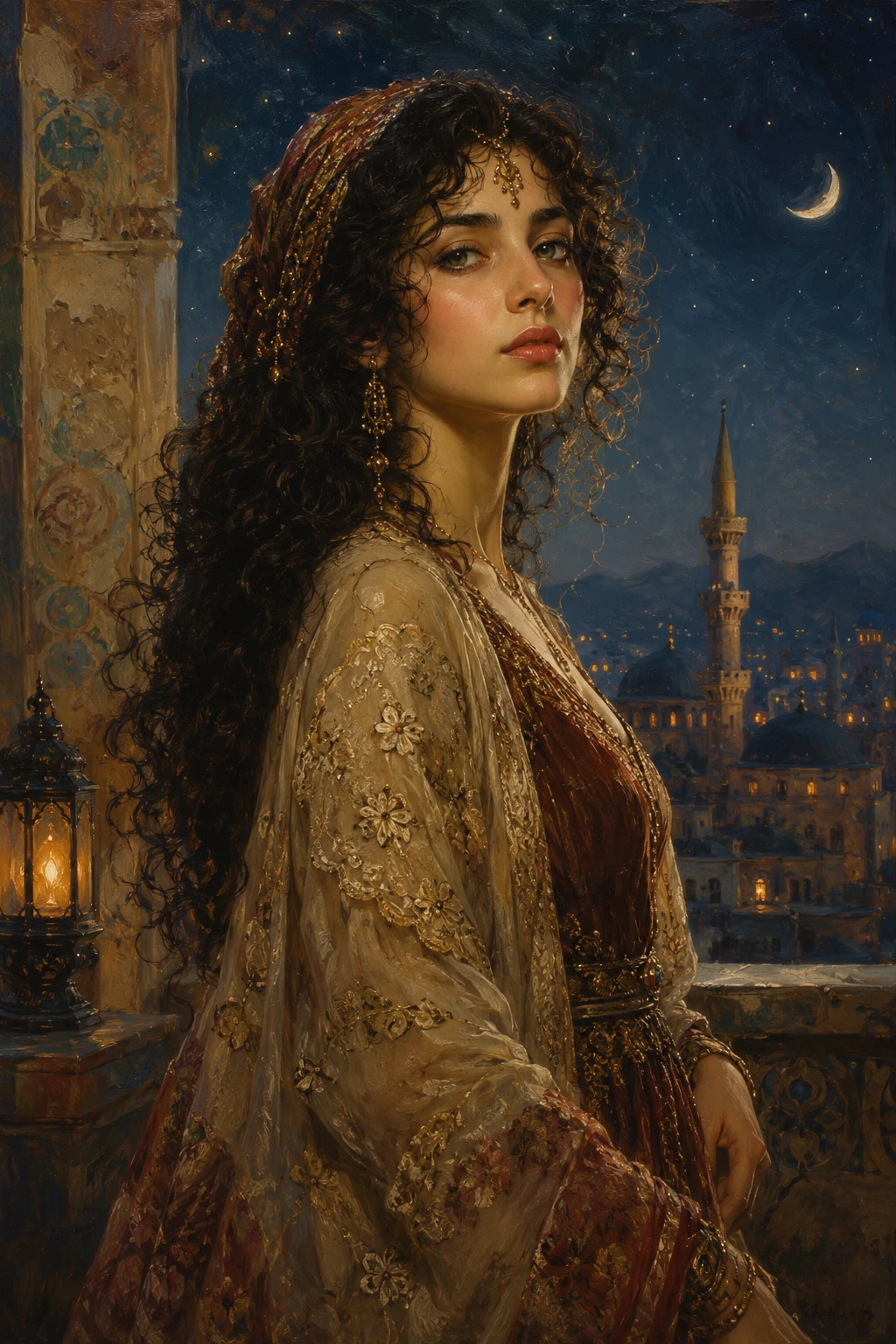 Majestic woman in lace gown under a starry night sky