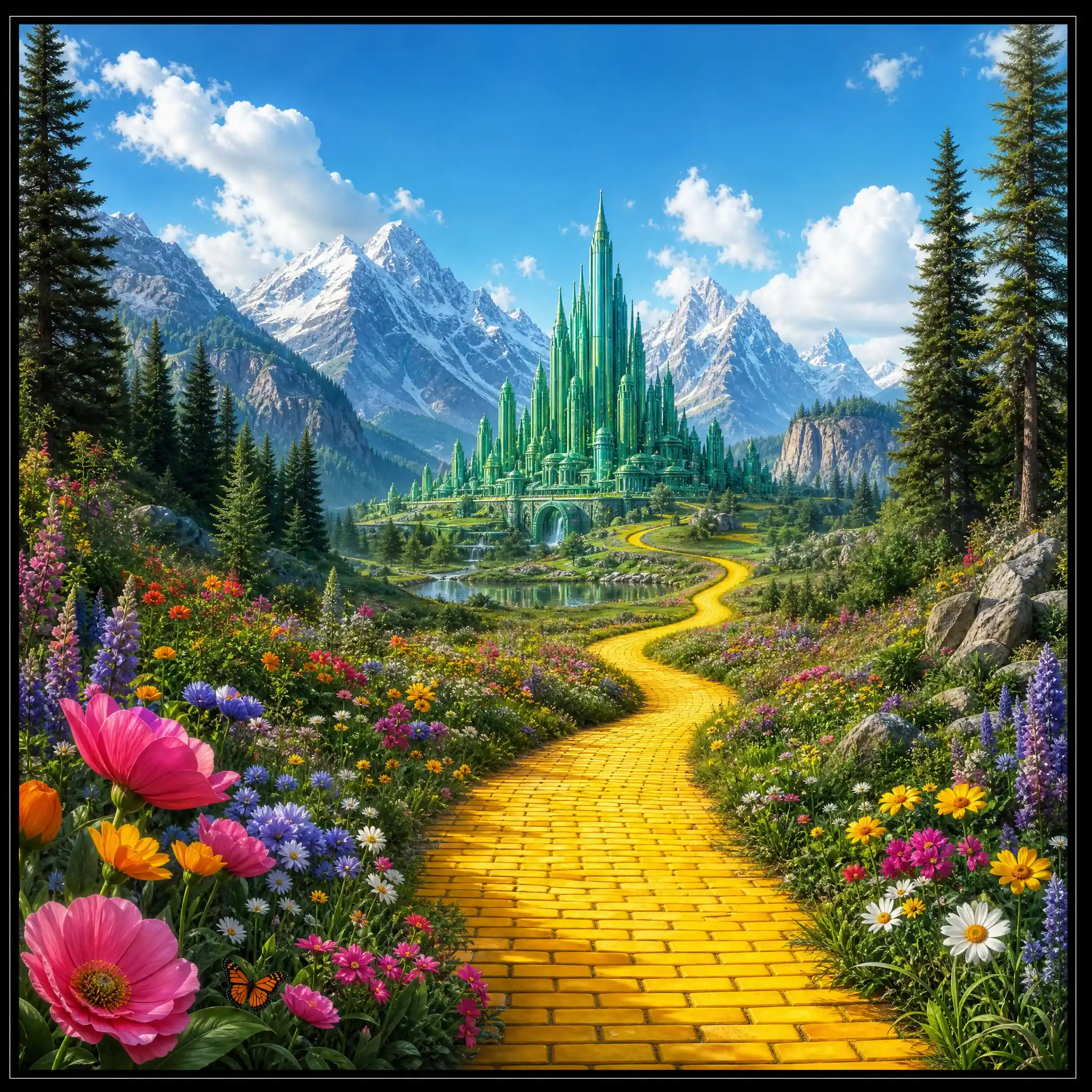 Fantasy meadow with yellow brick road to distant city