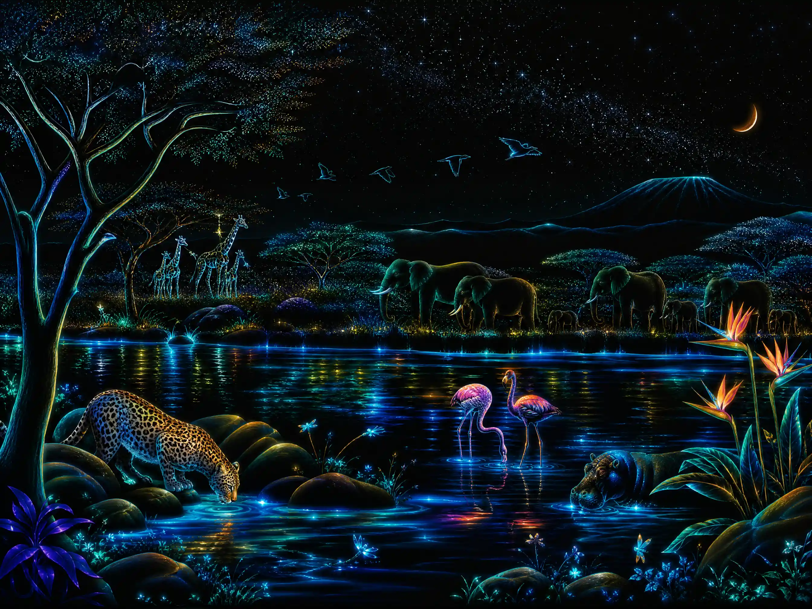 African landscape glowing with bioluminescent details on black background