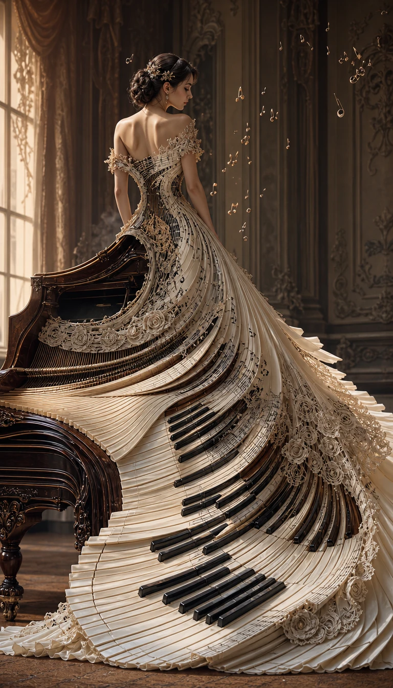 Surreal couture gown growing organically from a grand piano