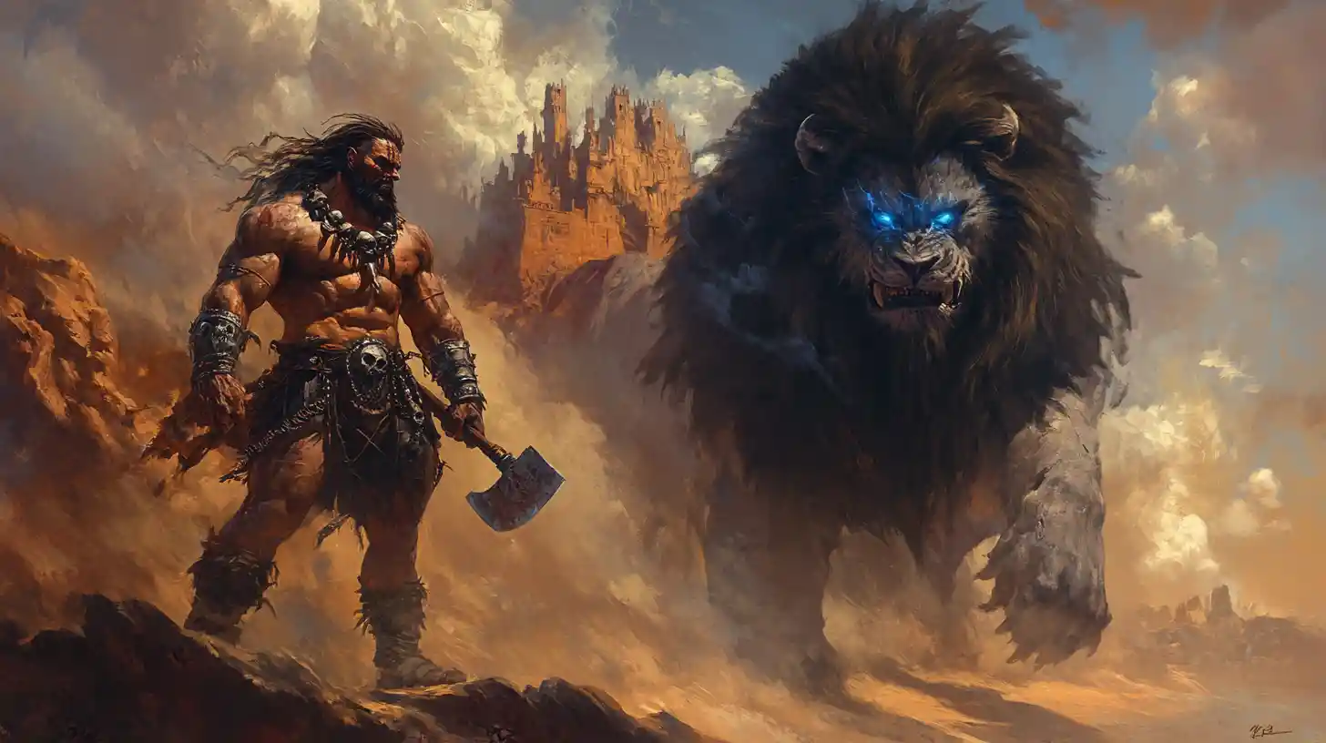 Barbarian warrior and armored lion on a desert cliff